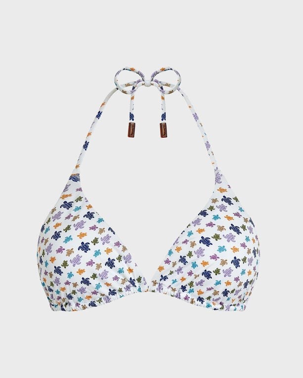 White triangle bikini top featuring a colorful turtle print, adjustable ties at the neck and back, and a soft, lightweight material, designed for women in size S.
