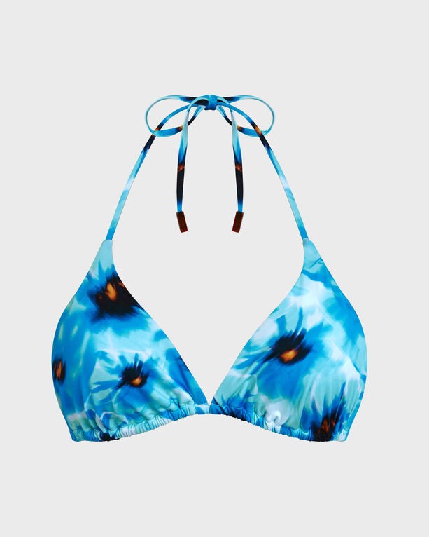 Triangle bikini top in vibrant blue with a floral poppy print, featuring adjustable ties at the neck and back, made from lightweight swimwear material, size S.