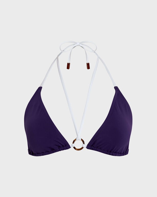 Solid purple triangle bikini top with white straps, featuring a circular gold accent at the center and adjustable ties, made from a smooth swimwear material, size L.