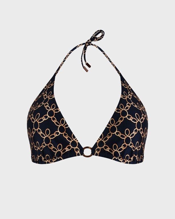 Blue triangle bikini top featuring a turtle chain pattern, adjustable halter neck ties, and a central ring detail, made from lightweight swimwear material, size S.