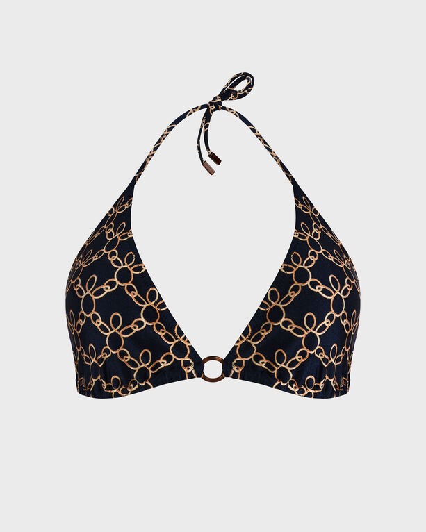Blue triangle bikini top featuring a turtle chain pattern, made from soft material with a halter neck tie and a central ring detail, designed for women in size XS.