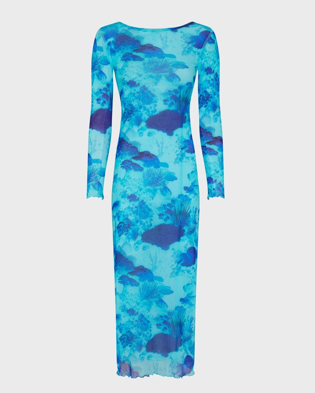 Long-sleeve tulle dress in a vibrant blue with a coral reef print, featuring a fitted silhouette and delicate lace trim at the cuffs, available in size L.