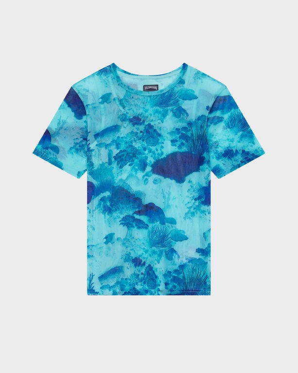 Light blue tulle T-shirt featuring a coral reef print in various shades of blue, with a relaxed fit and short sleeves, labeled as size M by Vilebrequin.