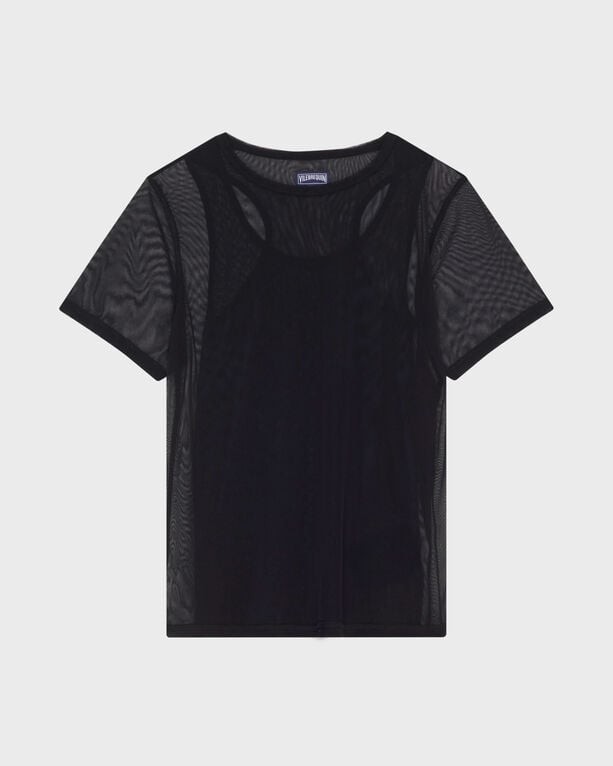 Black tulle short-sleeve T-shirt by Vilebrequin, featuring a lightweight, sheer material with a relaxed fit, designed for women in size XS.