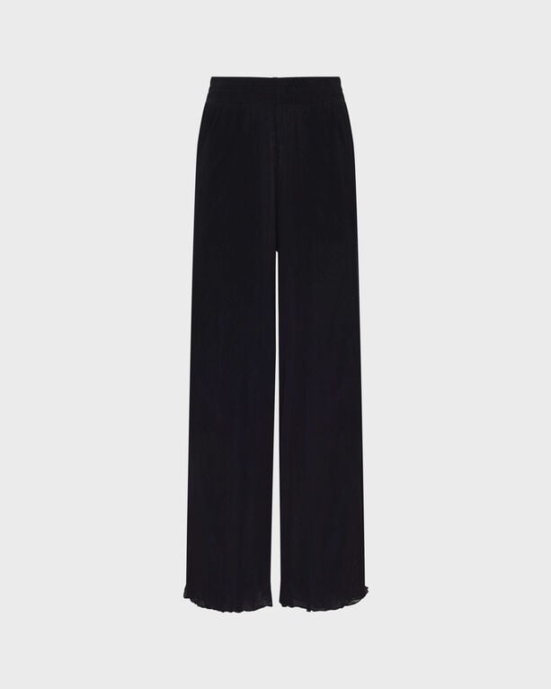 Black wide-leg pants made of tulle, featuring a solid design and a comfortable elastic waistband, available in size L.