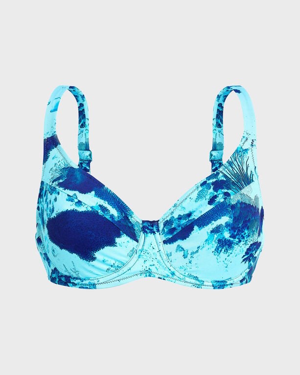 Underwire bikini top in a vibrant coral reef design, featuring shades of blue and turquoise, with adjustable straps and a smooth, stretchy fabric. Size XS.