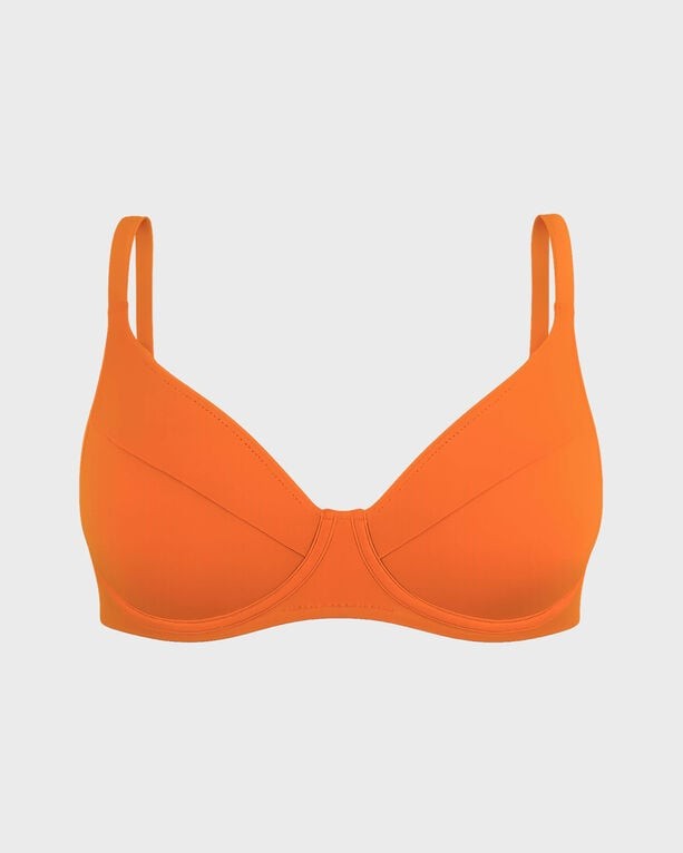 Solid orange underwire bikini top with adjustable straps, featuring a smooth, stretchy material and a classic silhouette, designed for women in size XL.