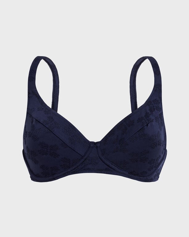 Blue underwire bikini top featuring a turtle monogram jacquard pattern, with adjustable straps and a classic design, labeled as size M by Vilebrequin.
