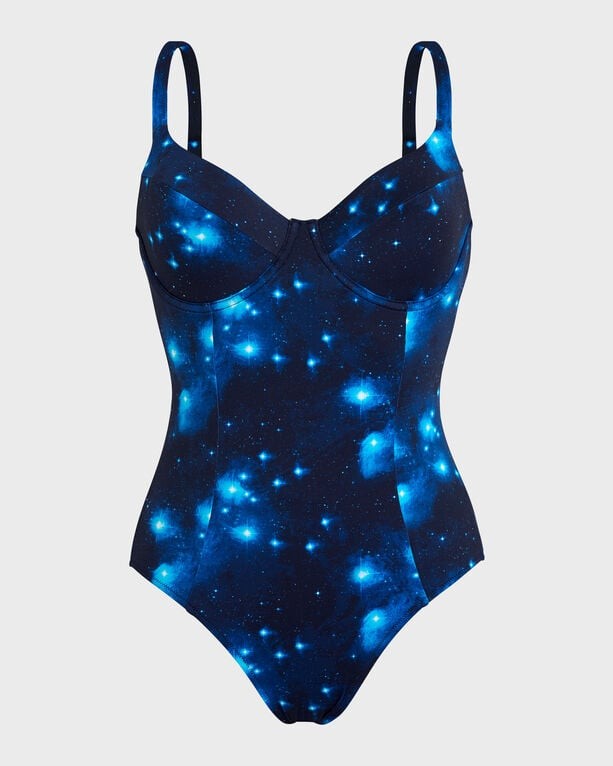 Blue underwire one-piece swimsuit with a galaxy print, featuring adjustable straps and a fitted silhouette, made from a stretchy swimwear material, size M.