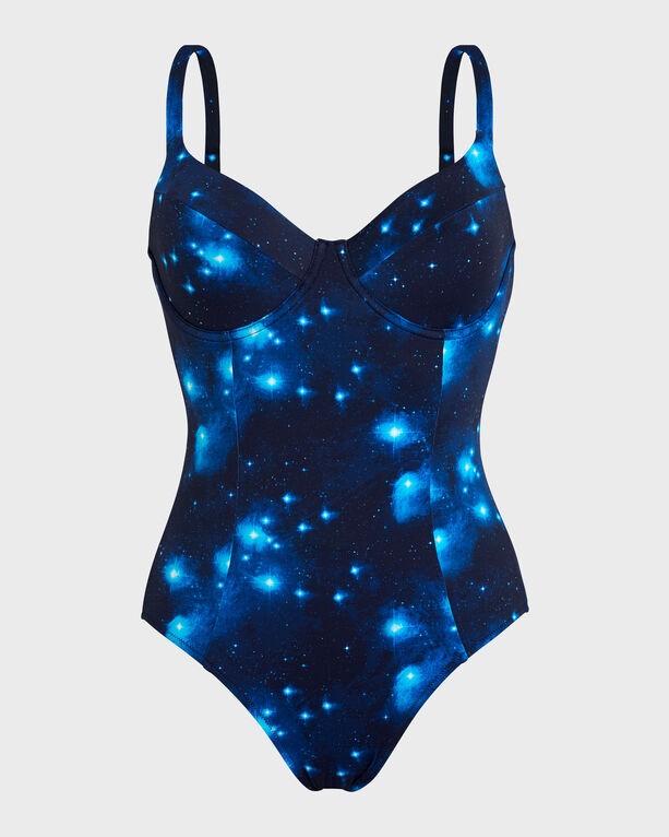 Blue underwire one-piece swimsuit featuring a starry sky print, adjustable straps, and a fitted silhouette, designed for women in size XS by Vilebrequin.