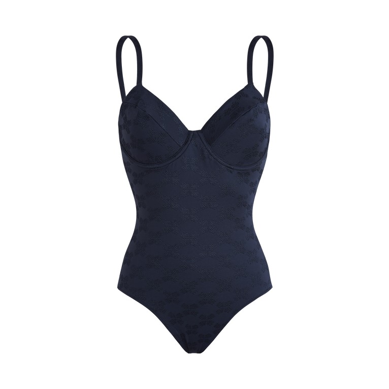 Blue underwire one-piece swimsuit featuring a turtle monogram jacquard pattern, adjustable straps, and a fitted silhouette, designed for women in size S.