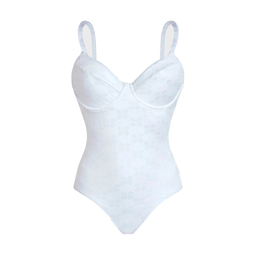 White underwire one-piece swimsuit featuring a turtle monogram jacquard pattern, adjustable straps, and a fitted silhouette, designed by Vilebrequin in size L.