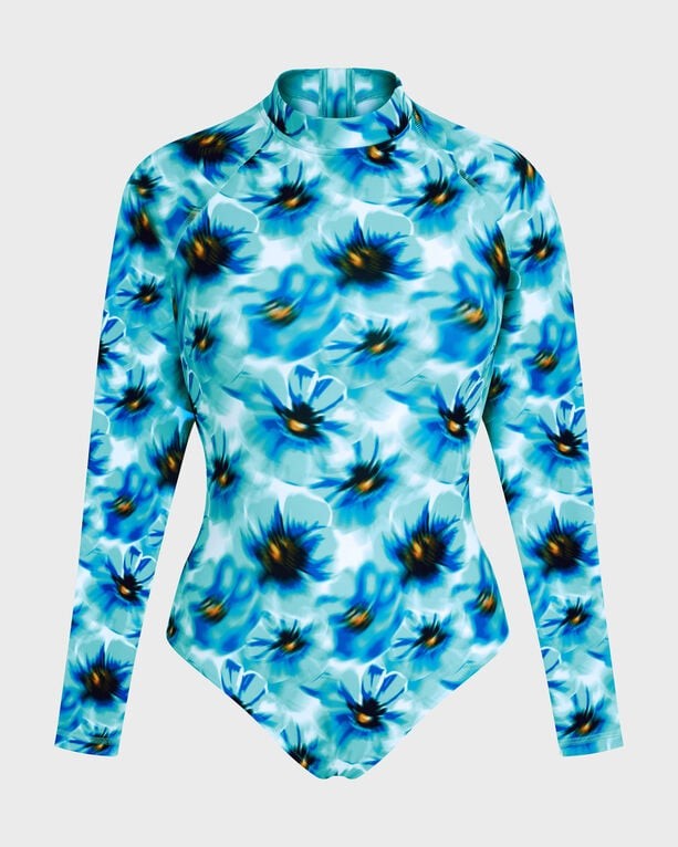 Blue long-sleeve one-piece rashguard featuring a vibrant poppy floral pattern, made from UV protection material, designed for women in size XS.
