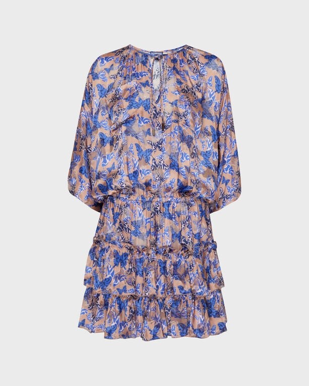 Pink viscose and silk dress featuring a butterfly print, ruffled tiers, and a V-neckline, designed by Vilebrequin in size M.