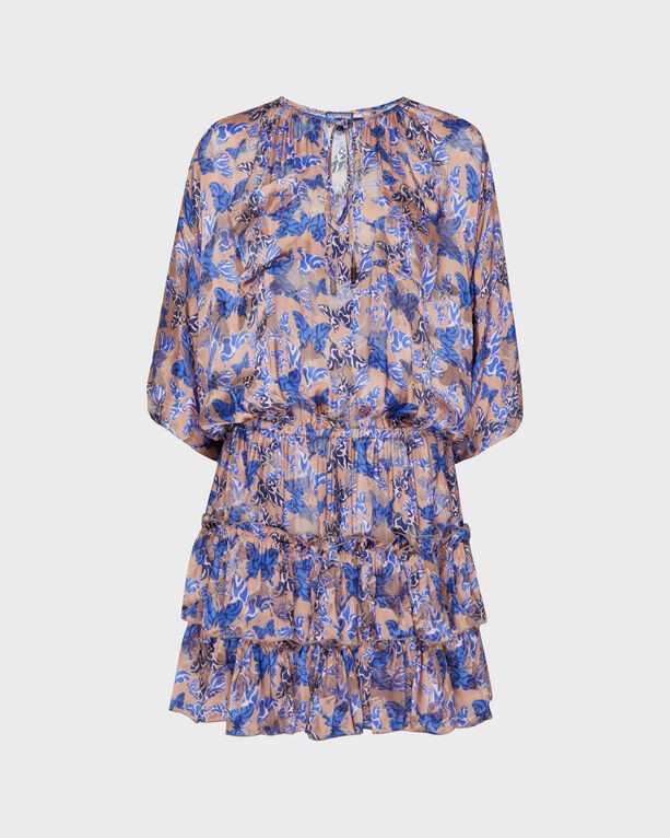 Pink viscose and silk dress featuring a butterfly print, with a ruffled hem, long sleeves, and a V-neckline, designed by Vilebrequin in size XL.