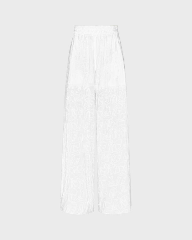 White viscose pants with an elastic waistband, featuring a seashell pattern, wide-leg design, and a lightweight, breathable fabric, available in size XL.