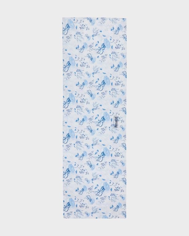 White viscose pareo featuring a blue Medusa and shells print, designed by Vilebrequin, with a lightweight and flowy texture, suitable for versatile styling.
