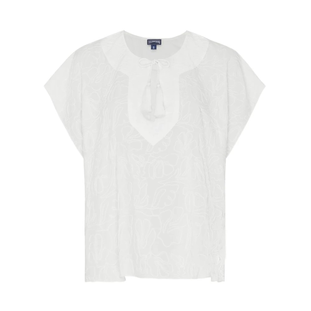 White viscose shirt by Vilebrequin featuring seashell patterns, a relaxed fit, short sleeves, and a tie detail at the neckline, available in size S.