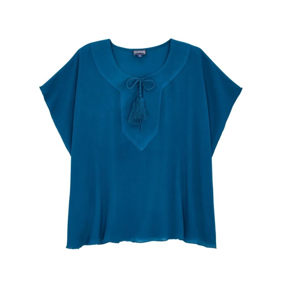 Solid blue viscose shirt by Vilebrequin, featuring a wide neckline, short sleeves, and a decorative tassel tie at the front, size L.