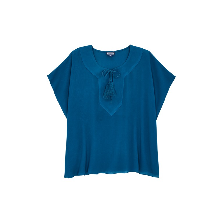 Solid blue viscose shirt by Vilebrequin, featuring a wide neckline with a tassel tie, short sleeves, and a relaxed fit, available in size S.