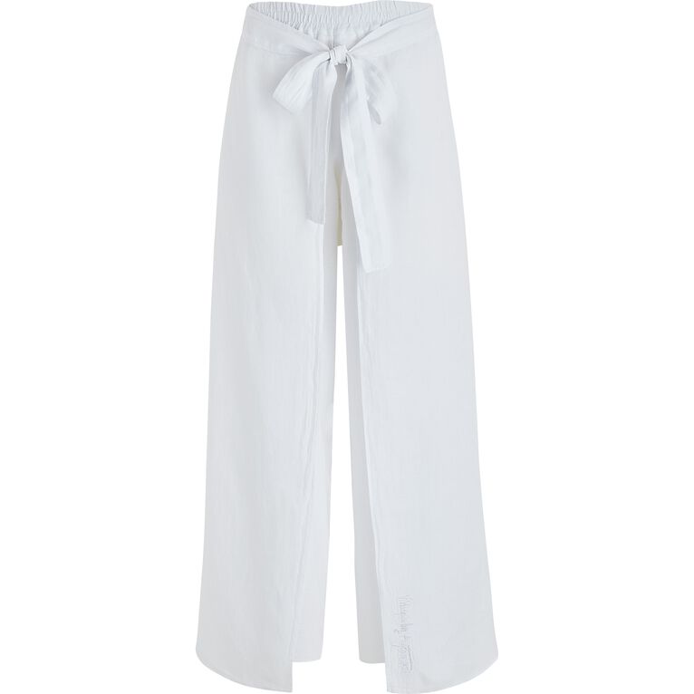 White linen pants by Vilebrequin, featuring a relaxed fit, wide legs, and a tie waist, part of the Vilebrequin X Angelo Tarlazzi collection, in size XL.