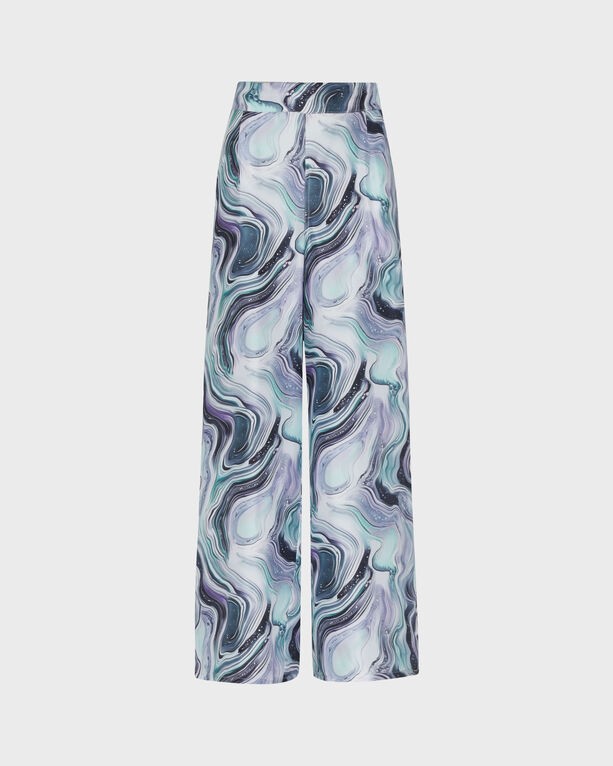 Wide-leg silk pants in a marble pattern featuring shades of white, blue, and purple, designed by Vilebrequin, available in size M.