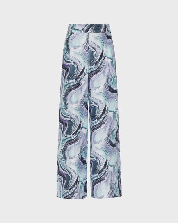 Wide-leg silk pants in a marble pattern featuring swirling shades of white, blue, and purple, designed by Vilebrequin in size S.
