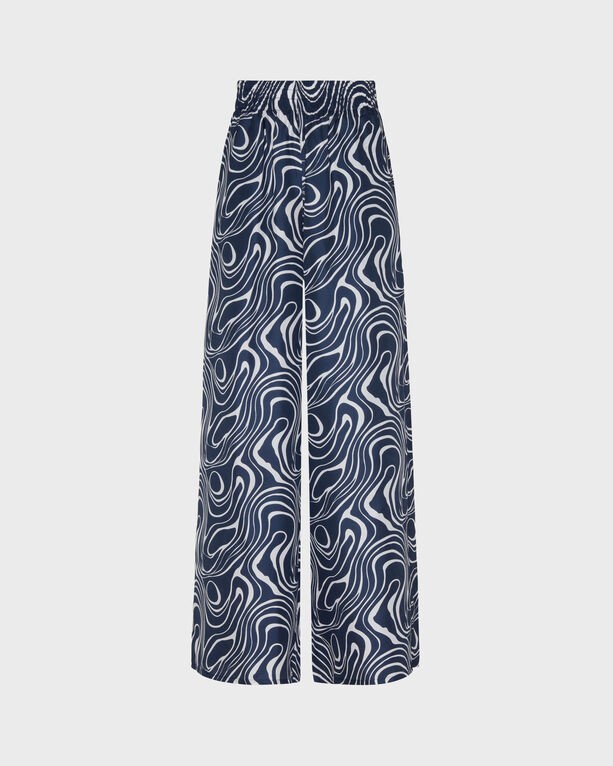 Wide-leg silk pants in blue featuring a white wave pattern, with an elastic waistband, designed for women in size L by Vilebrequin.