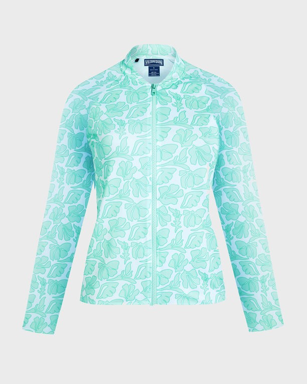 White long-sleeved rashguard with a seashells pattern in mint green, featuring a zip front and a fitted design, made from lightweight, quick-drying material, size XL.
