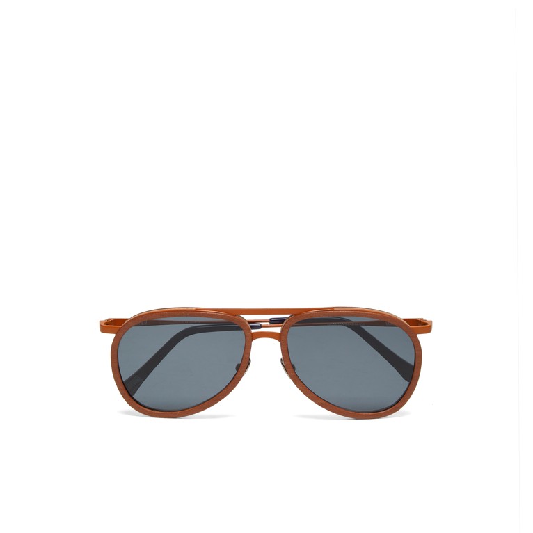 Brown wood aviator sunglasses with dark lenses, featuring a sleek design and striped detailing on the temples, labeled as Vilebrequin - VBQ X Shelter.