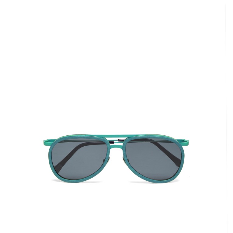 Green wood aviator sunglasses featuring a solid frame, gray lenses, and a sleek design, part of the Vbq X Shelter collection by Vilebrequin.