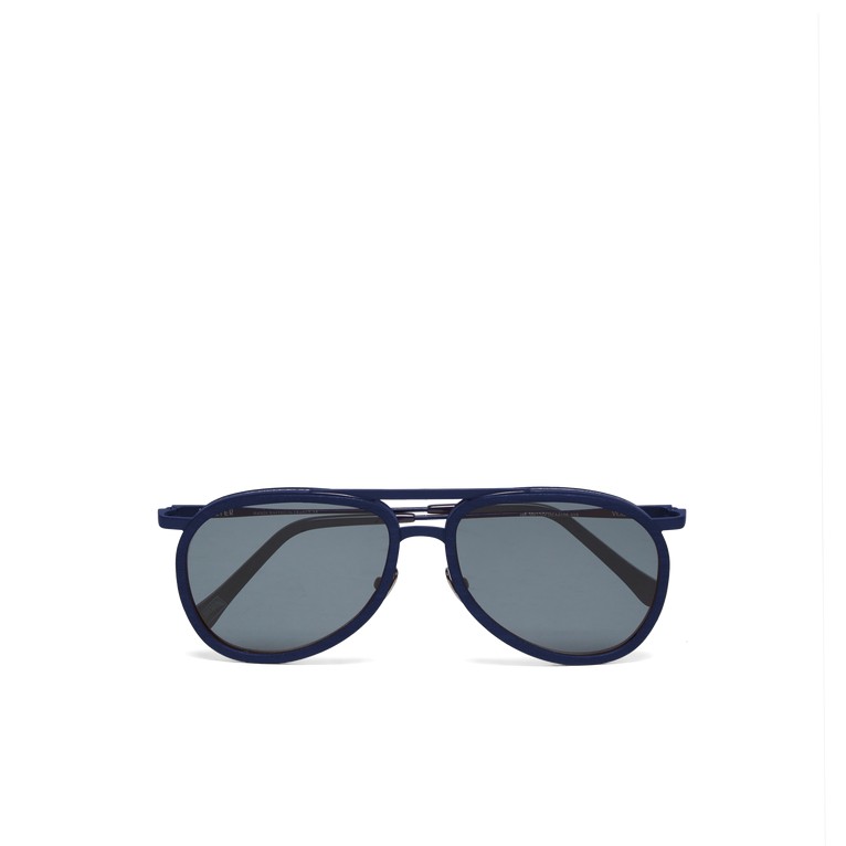 Blue aviator sunglasses with a solid wood frame, featuring a sleek design and grey lenses, part of the Vilebrequin VBQ X Shelter collection.