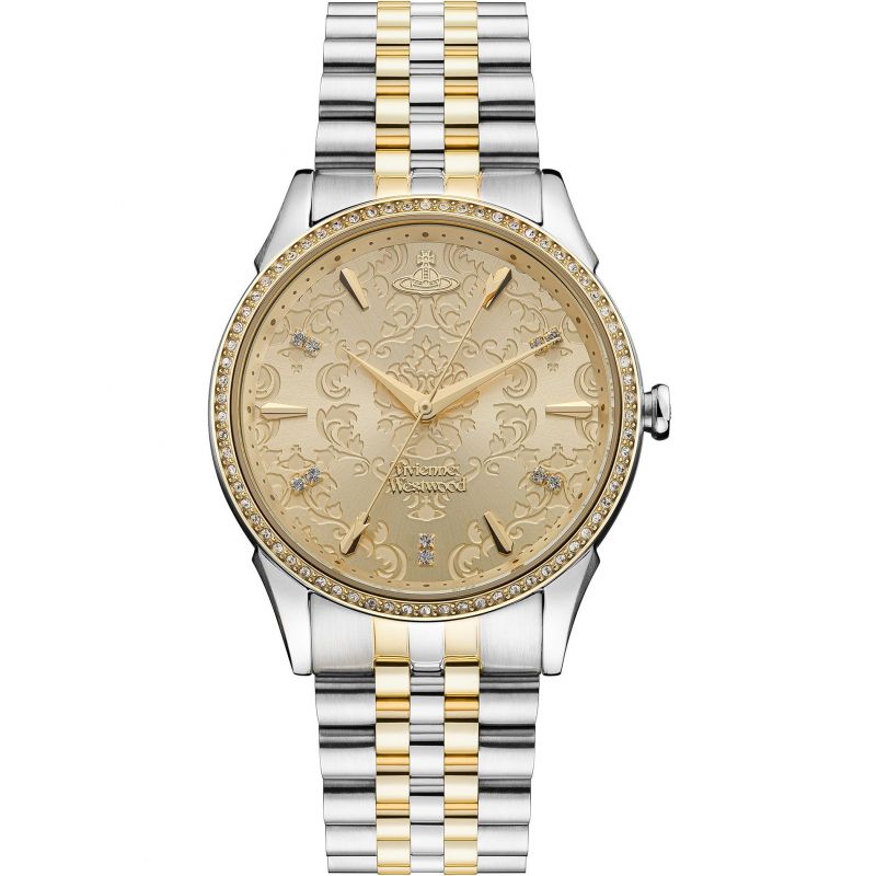 Gold and silver stainless steel analogue quartz watch by Vivienne Westwood, featuring a decorative gold dial with intricate patterns and crystal accents, complemented by a two-tone bracelet.