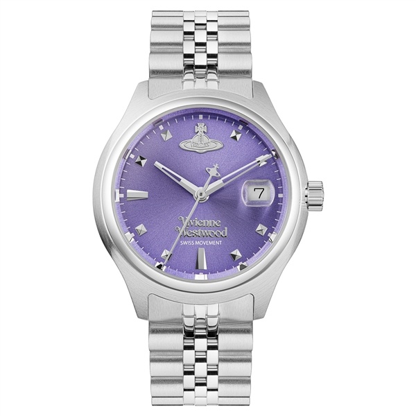 Silver round watch featuring a purple dial, silver hour markers, a date window at 3 o'clock, and a stainless steel bracelet, designed by Vivienne Westwood.