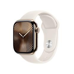 Gold titanium Apple Watch Series 10 with GPS and Cellular, featuring a 42mm case and a white strap, showcasing a starburst watch face design.