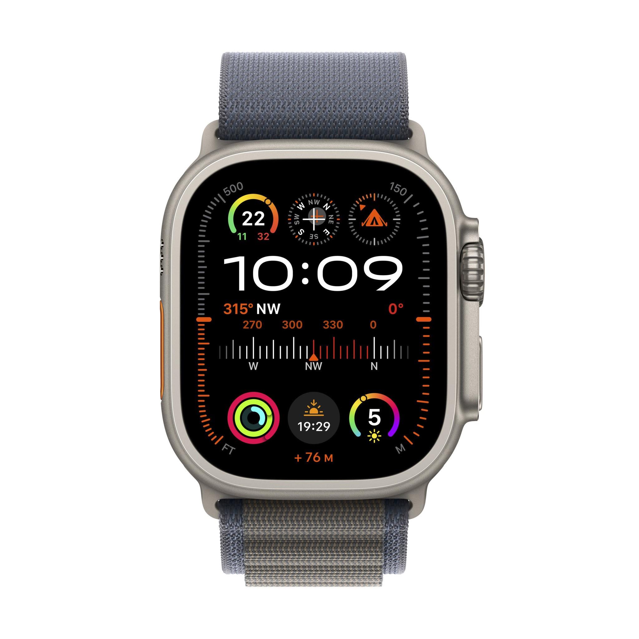 Apple Watch Ultra 2 features a 49mm titanium case, blue Alpine band, and a vibrant display showing time, compass, and fitness metrics.