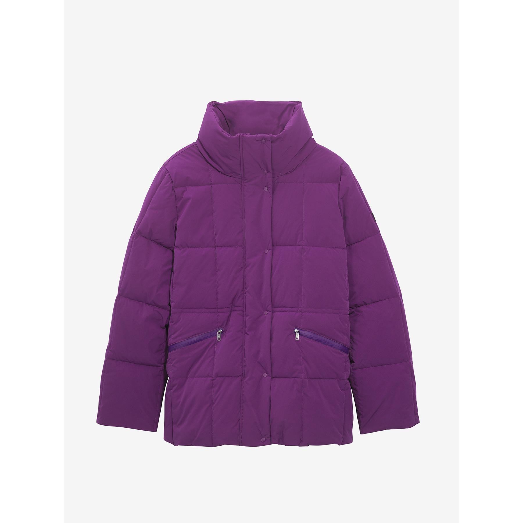 Water-resistant short puffer jacket for women in vibrant purple, featuring a high collar, quilted design, and two zippered side pockets.