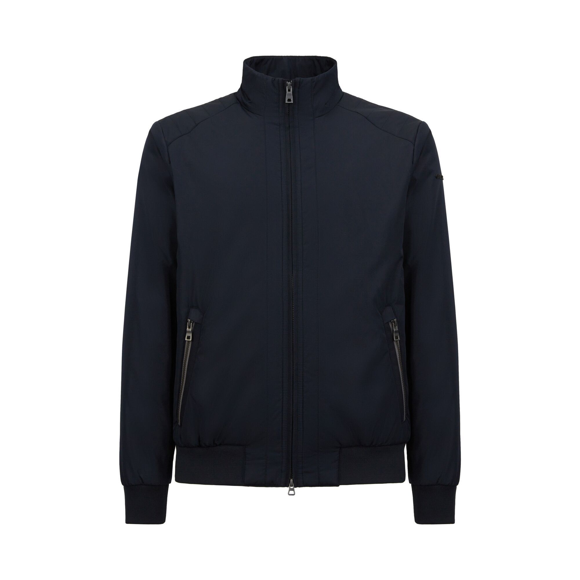 Navy waterproof jacket by Geox, featuring a high collar, zip closure, and two front zippered pockets, with a sleek, lightweight design suitable for various weather conditions.