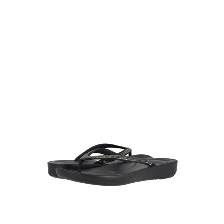 Black ergonomic flip-flops with a rubber sole and sparkly straps, featuring a cushioned footbed for comfort and a stylish design.