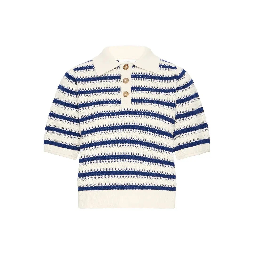Short-sleeve knitted sweater in cream with navy stripes, featuring a polo collar and three buttons at the neckline, made from a lightweight, breathable material.