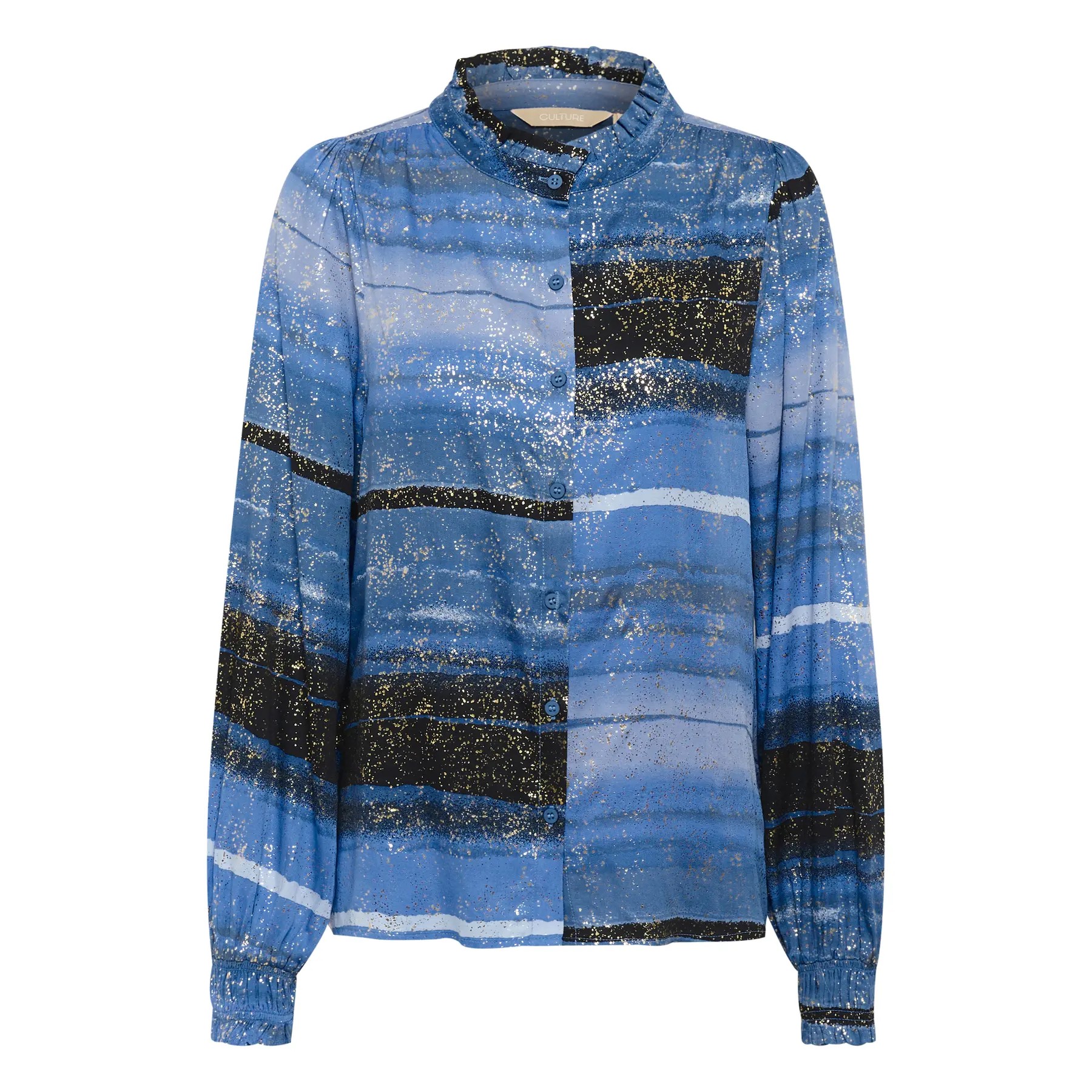 Long-sleeve woman's shirt in blue with black and silver glitter stripes, featuring a collared neckline and button closure, made from lightweight, flowing material.