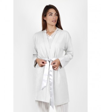 Light gray long sleeve coat with a shawl collar, featuring a tie belt and a soft, textured fabric, perfect for layering or casual wear.