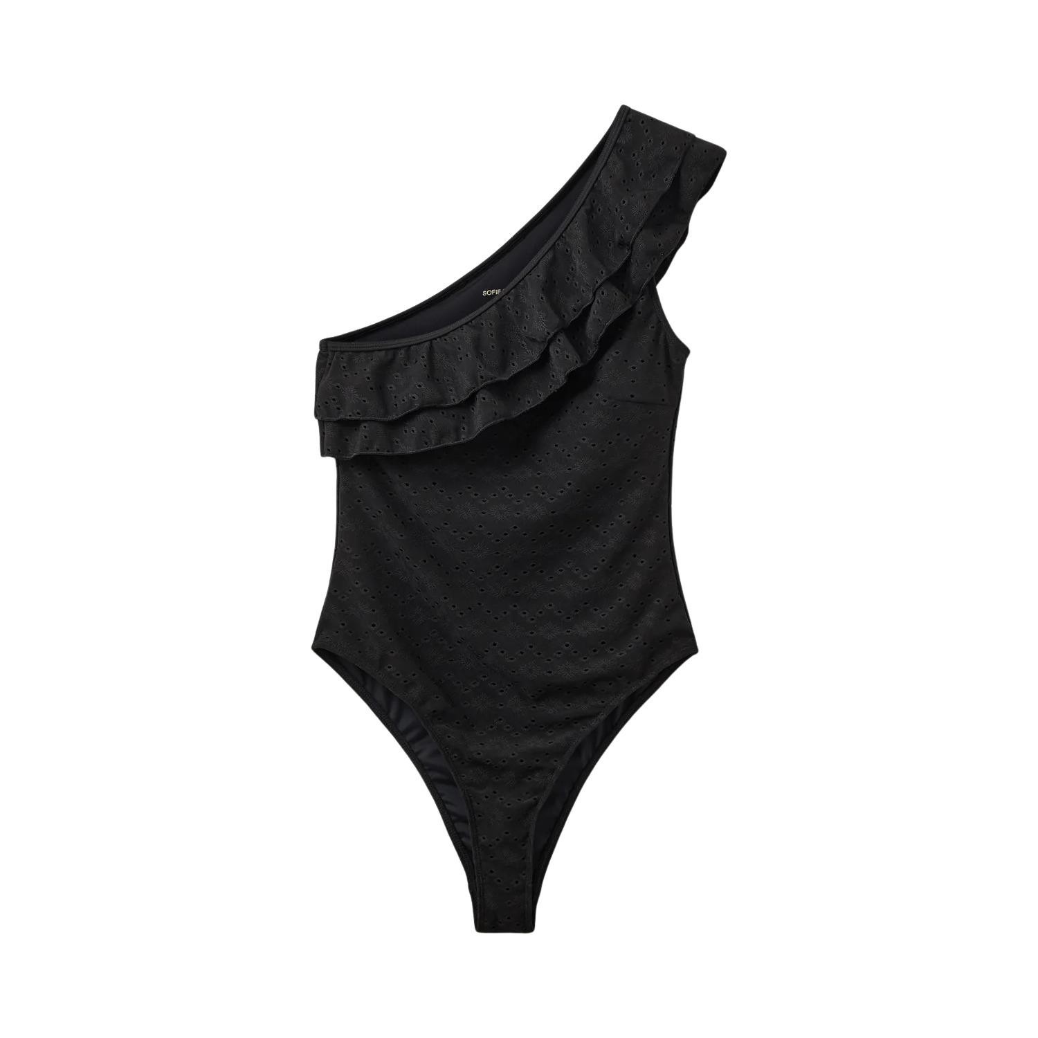 Black one-piece swimsuit by Sofie Schnoor featuring a ruffled one-shoulder design and textured material with eyelet detailing.