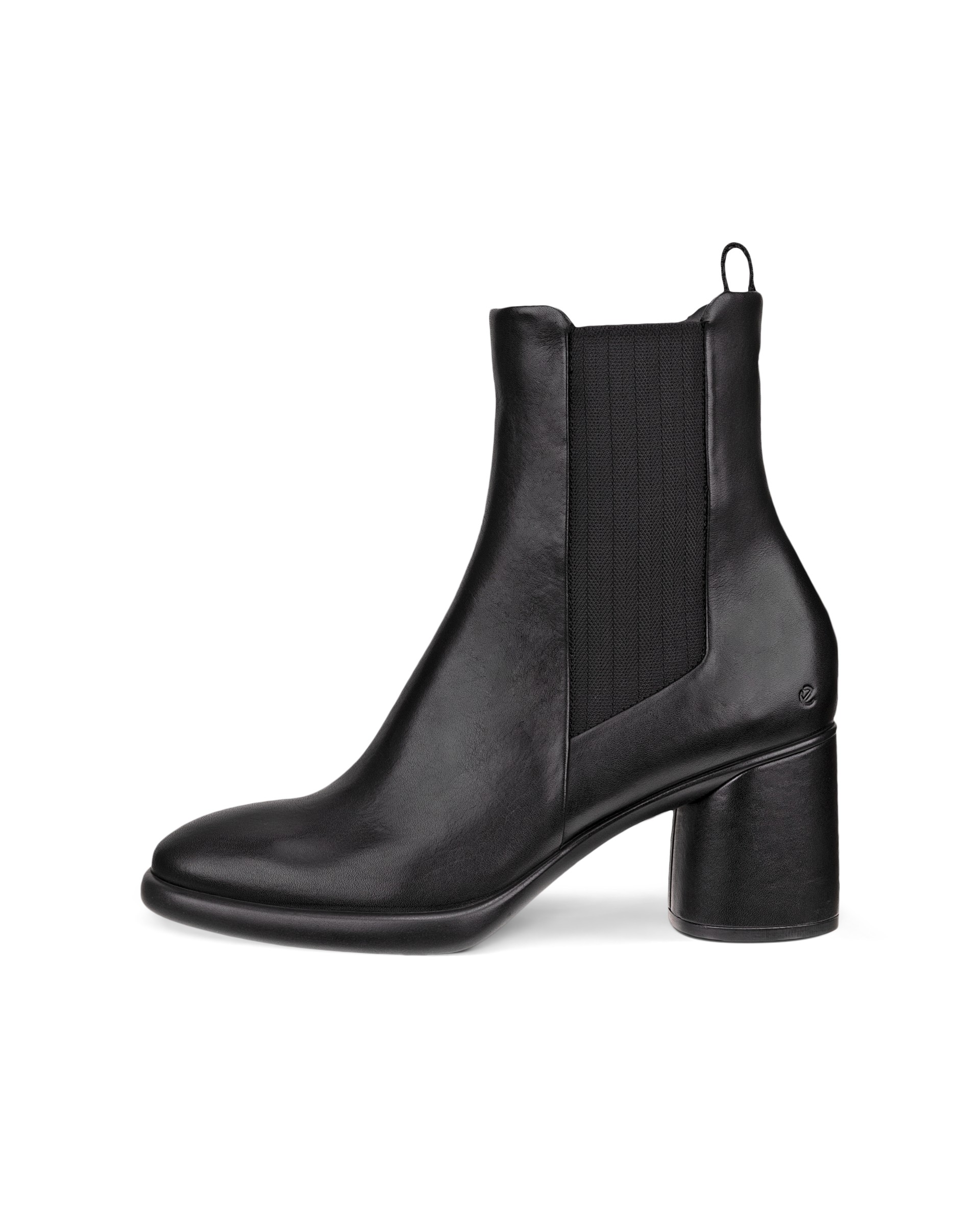 Black leather women's ankle boots featuring elastic side panels and a sculpted block heel for added height and comfort.