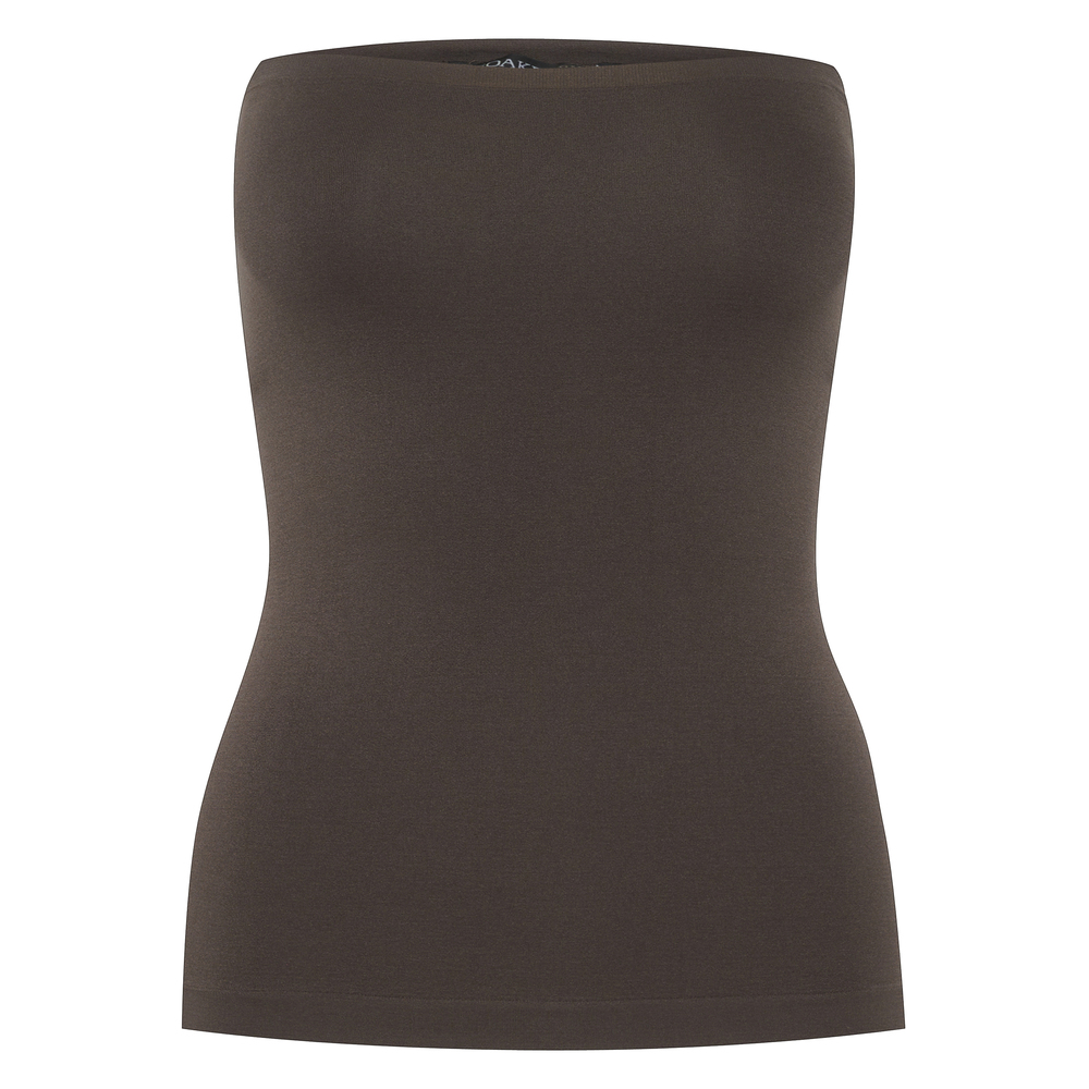Brown bandeau top made from soft, stretchy material, featuring a sleek, fitted design with no straps and a smooth finish, ideal for layering or wearing alone.