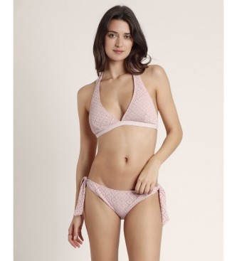 Women's backless bikini in soft pink with a textured pattern, featuring a halter neck top and tie-side bottoms for an adjustable fit.