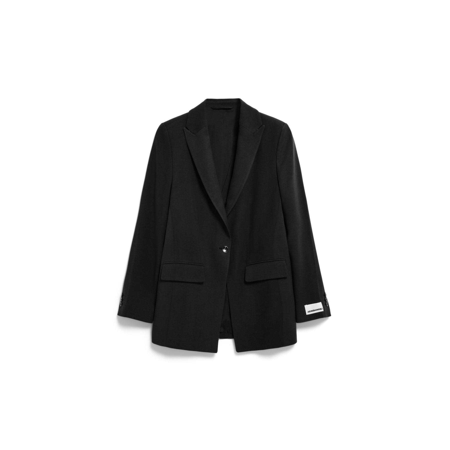 Black women's blazer by ARMEDANGELS, featuring a classic lapel, two front pockets, and a single-button closure, made from sustainable materials.