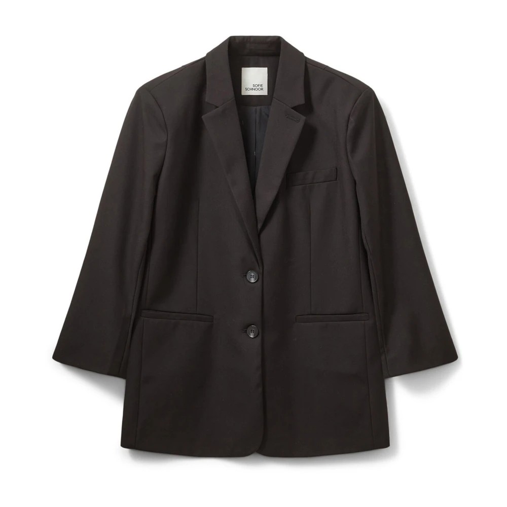 Black women's blazer by Sofie Schnoor, featuring a classic lapel, two front pockets, and a single-button closure, made from a smooth, tailored fabric.