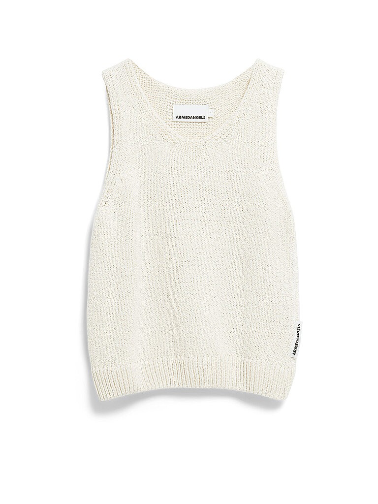 Sleeveless women's blouse by ARMEDANGELS, featuring a textured knit design in off-white, with a round neckline and a small brand label on the side.