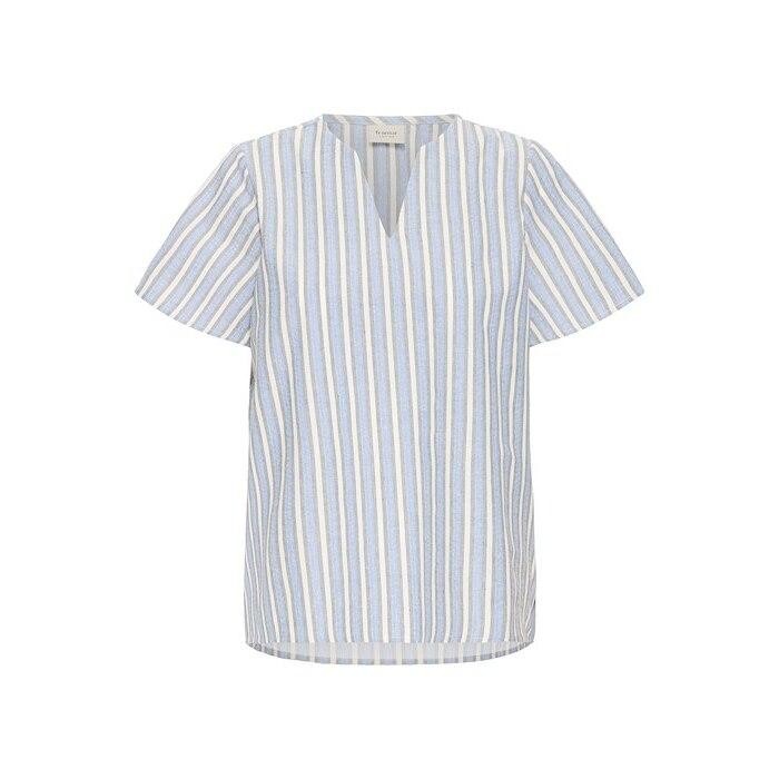 Light blue women's blouse by Fransa, featuring vertical white and yellow stripes, short sleeves, and a V-neckline, made from a soft, breathable fabric.